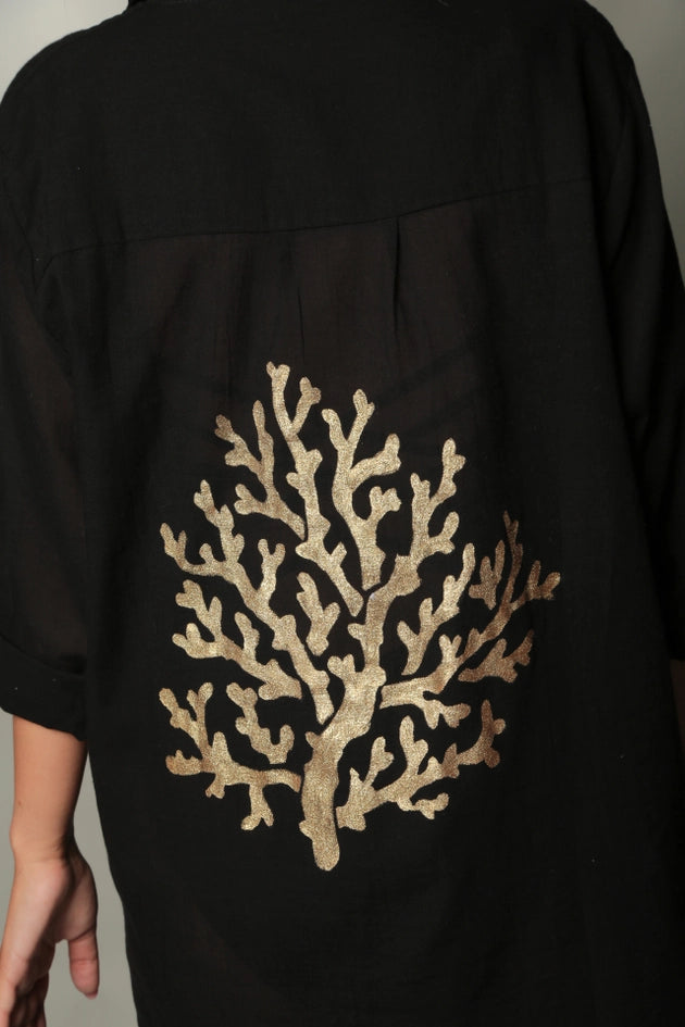 Black Shirt Dress with Hand Painted Gold Coral Reef-Dress-Moa-Gold Coral Reef-Bust: 46" inches - 116cm Hips : 48" inches - 122 cm Sleeve length: 22.5" inches - 57 cm Length : 36.25" inches - 92cm-Urbanheer