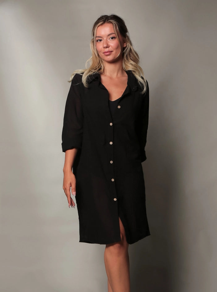 Black Shirt Dress with Hand Painted Gold Coral Reef-Dress-Moa-Gold Coral Reef-Bust: 46" inches - 116cm Hips : 48" inches - 122 cm Sleeve length: 22.5" inches - 57 cm Length : 36.25" inches - 92cm-Urbanheer