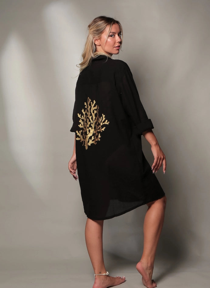 Black Shirt Dress with Hand Painted Gold Coral Reef-Dress-Moa-Gold Coral Reef-Bust: 46" inches - 116cm Hips : 48" inches - 122 cm Sleeve length: 22.5" inches - 57 cm Length : 36.25" inches - 92cm-Urbanheer