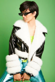Black White Faux Leather Faux Fur Biker Jacket-Faux Leather Jackets-Buy Me Fur Ltd-S-M-Black - White-Faux Leather-Urbanheer