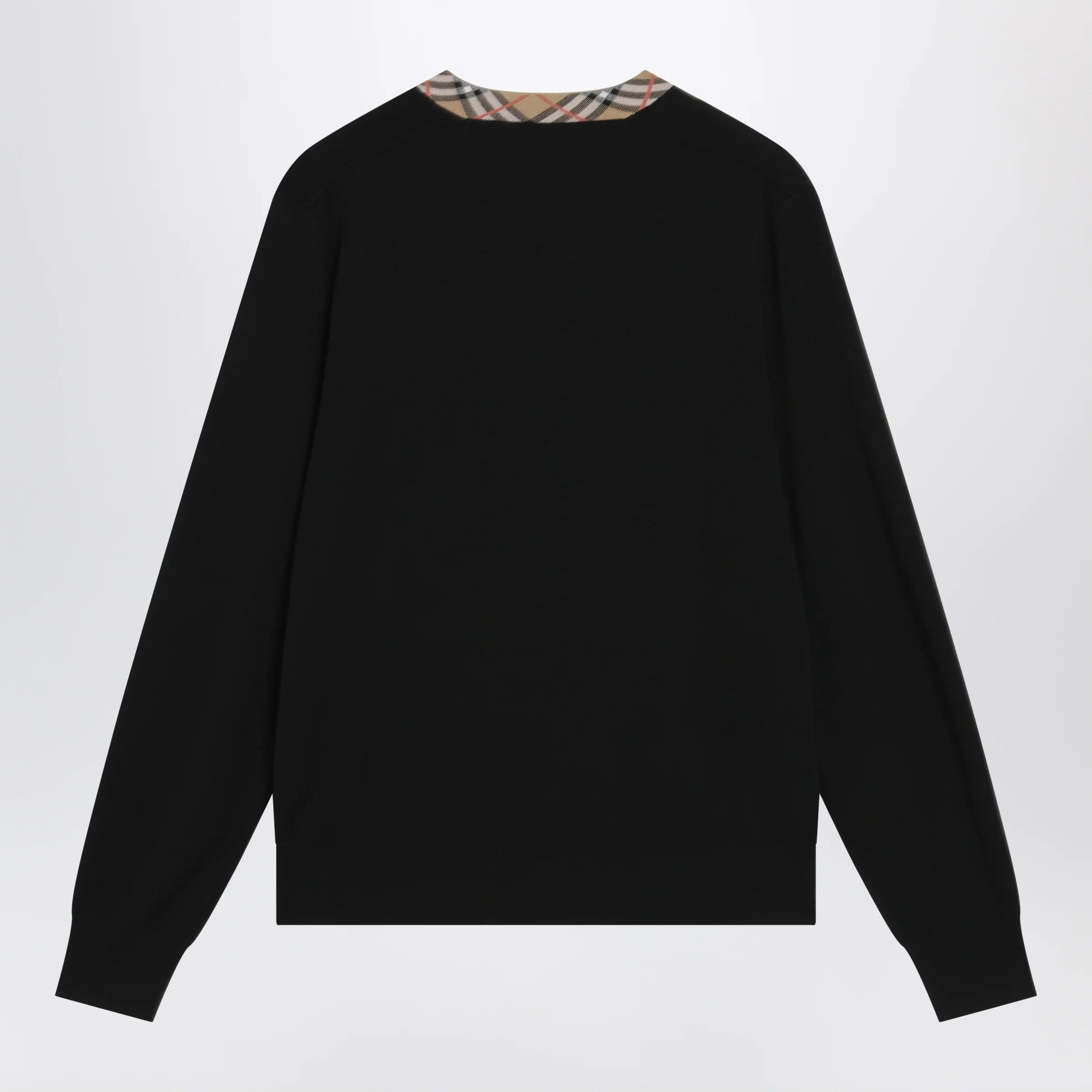 Black Wool Sweater with Check Neckline for Comfort