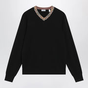 Black Wool Sweater with Check Neckline for Comfort