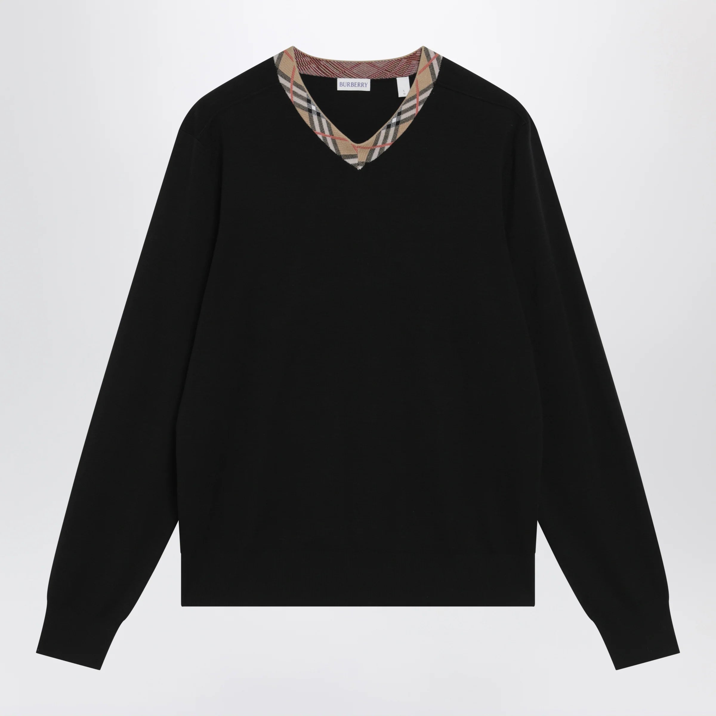 Black Wool Sweater with Check Neckline for Comfort
