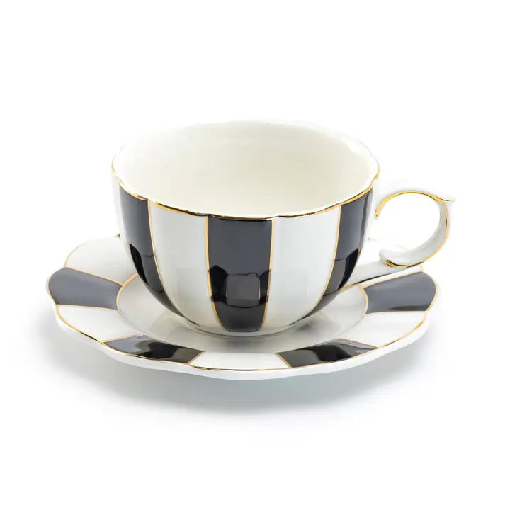 Black and White 7oz Scallop Fine Porcelain Tea Cup & Saucer-Cups-Grace Teaware-3” Height x 3.75” Width x 5" Depth-7oz-Urbanheer