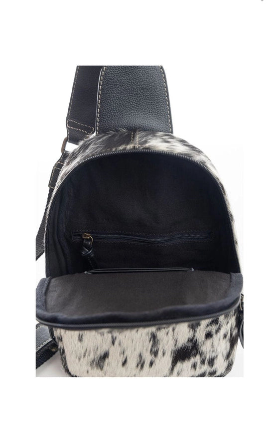 Black and White Cowhide Sling Bag, Crossbody Bag, Small Purs-Purs-The Sterling Gypsy-11" x 7.5" x 3"-Urbanheer