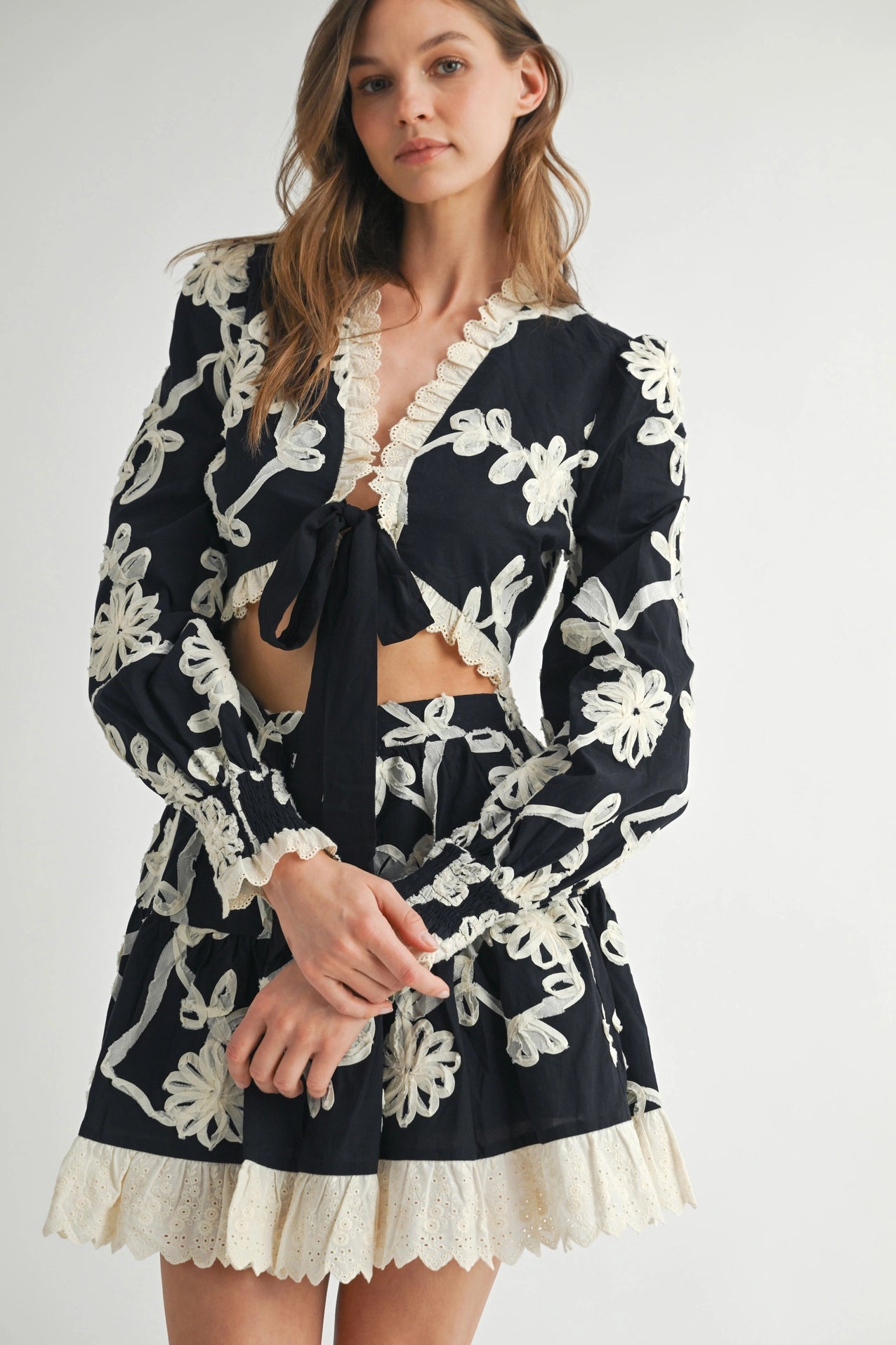 Black and White Floral Embroidered Two-Piece Set