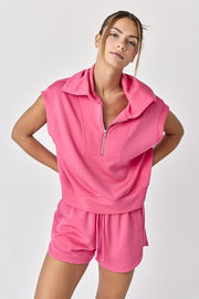 Blake Half Zip Cropped Sweatshirt And Shorts Set Hot Pink-Set-Papermoon-S-Urbanheer
