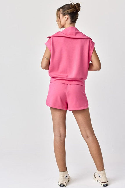Blake Half Zip Cropped Sweatshirt and Shorts Set Hot Pink-Set-Papermoon-Urbanheer