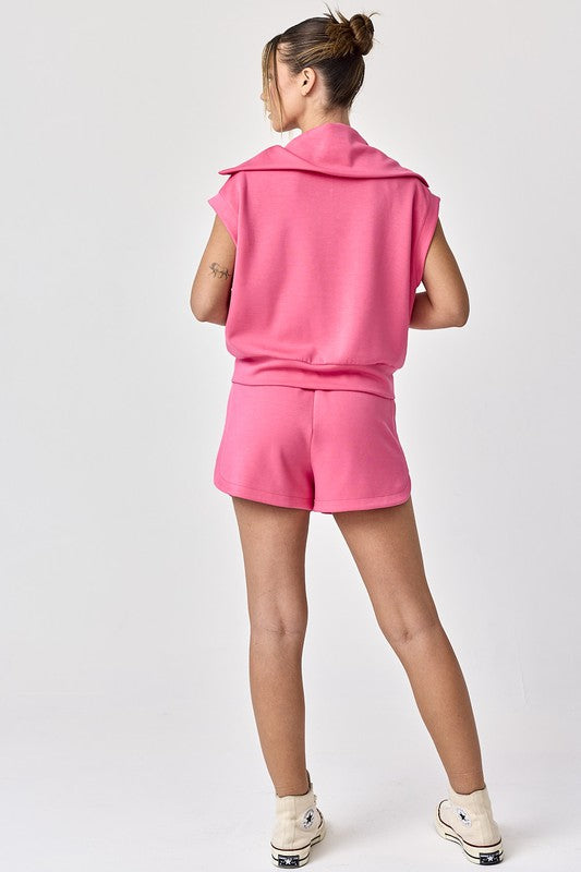 Blake Half Zip Cropped Sweatshirt and Shorts Set Hot Pink-Set-Papermoon-Urbanheer