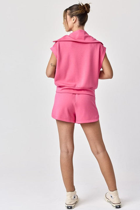 Blake Half Zip Cropped Sweatshirt And Shorts Set Hot Pink-Set-Papermoon-S-Urbanheer