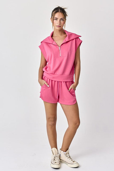 Blake Half Zip Cropped Sweatshirt And Shorts Set Hot Pink-Set-Papermoon-S-Urbanheer