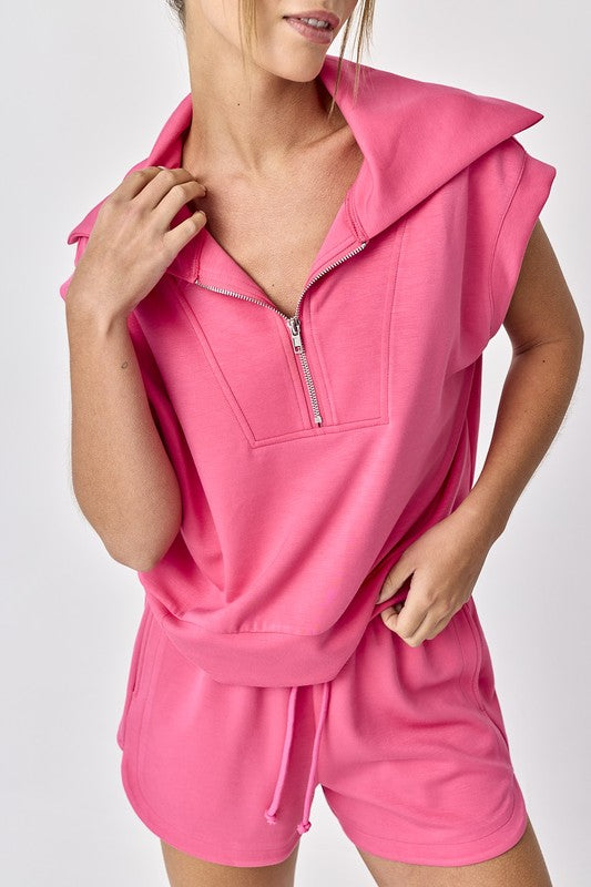 Blake Half Zip Cropped Sweatshirt And Shorts Set Hot Pink-Set-Papermoon-S-Urbanheer