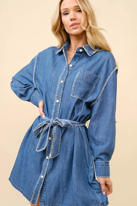 Blanket Stitch Button Up Denim Shirt Dress-Dress-Blue B-S-INDIGO-Urbanheer