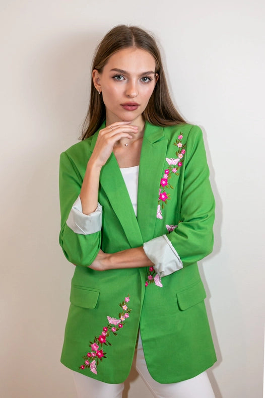 Blazer, Linen Green, Pink Flowers-Blazer-Moving Forward Designs-S-Urbanheer