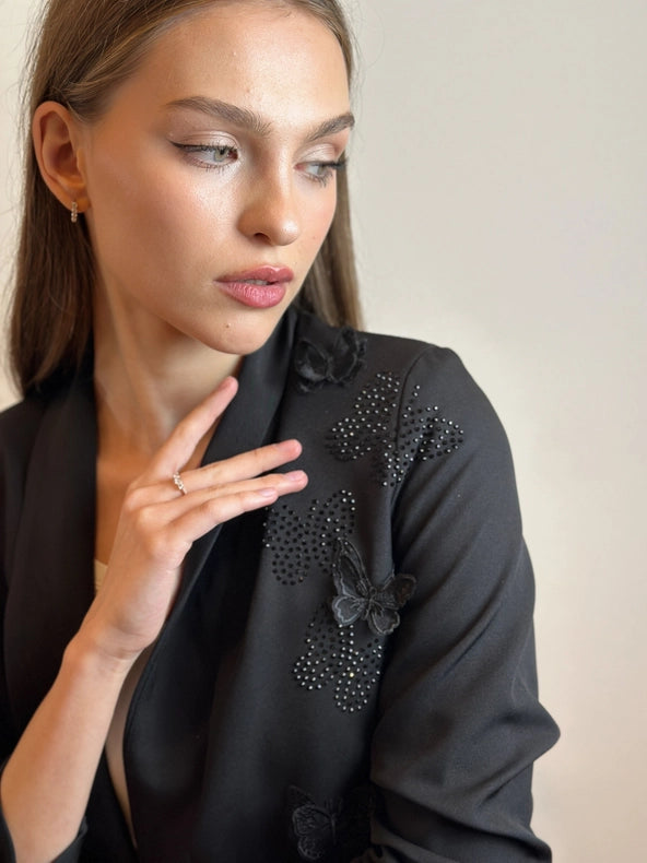 Blazer, Ruched Black, Black Crystal/Lace Butterflies-Blazer-Moving Forward Designs-S-Urbanheer