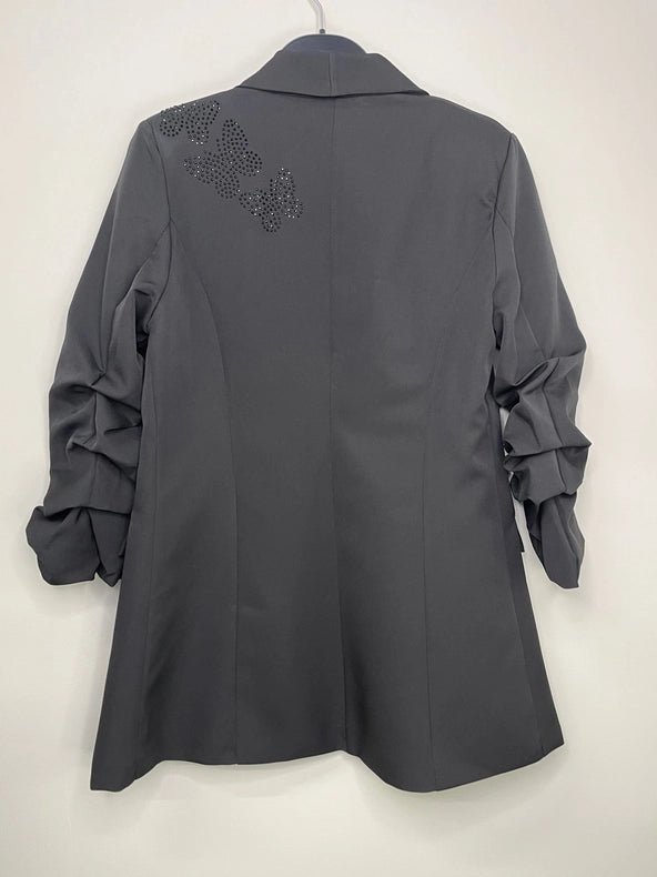 Blazer, Ruched Black, Black Crystal/Lace Butterflies-Blazer-Moving Forward Designs-S-Urbanheer