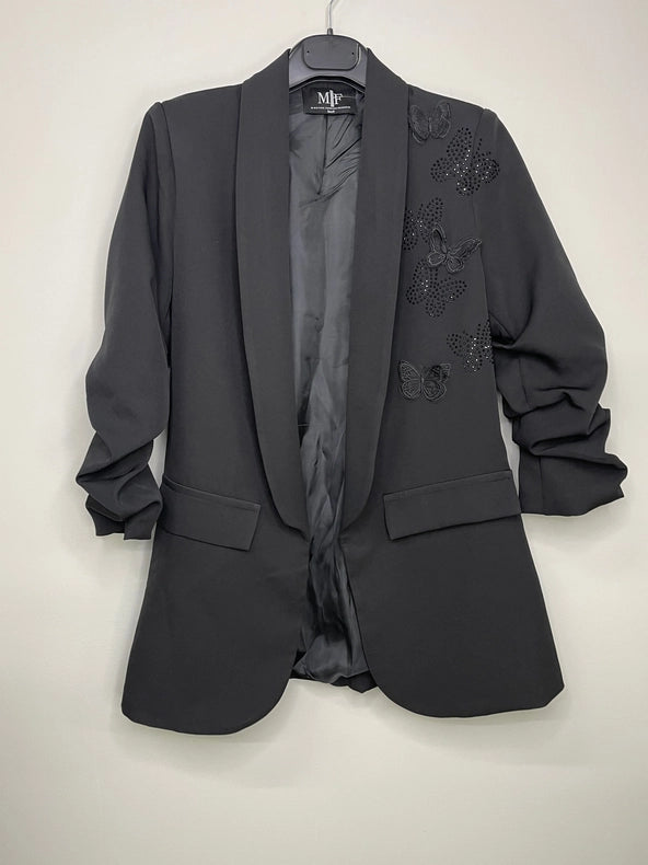 Blazer, Ruched Black, Black Crystal/Lace Butterflies-Blazer-Moving Forward Designs-S-Urbanheer