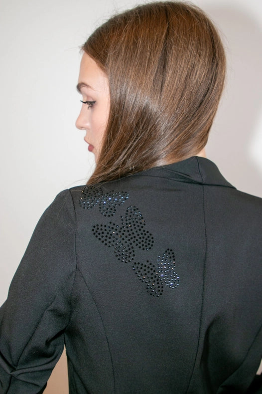 Blazer, Ruched Black, Black Crystal/Lace Butterflies-Blazer-Moving Forward Designs-S-Urbanheer