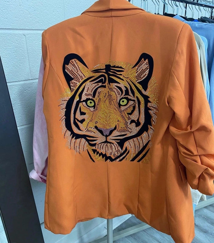 Blazer, Ruched Orange, Tiger Face-Blazer-Moving Forward Designs-S-Urbanheer