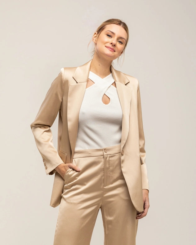 Blazer-Style Satin Jacket With Shoulder Straps And Buttons Beige-Jacket-Tantra-S-Urbanheer