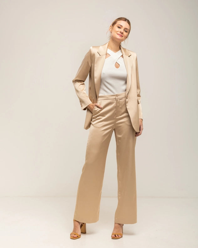 Blazer-Style Satin Jacket With Shoulder Straps And Buttons Beige-Jacket-Tantra-S-Urbanheer