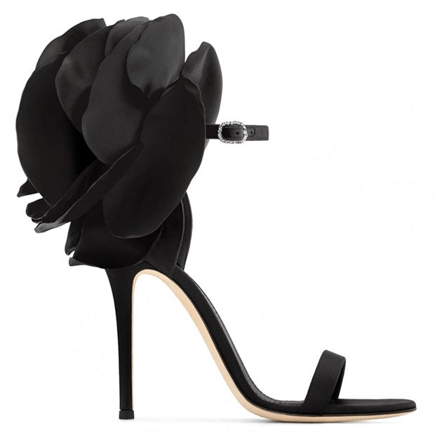 Blooming Satin Elegance - Floral Heel Sandals Black-Heel Sandals-Productseeker-7.5cm-Urbanheer