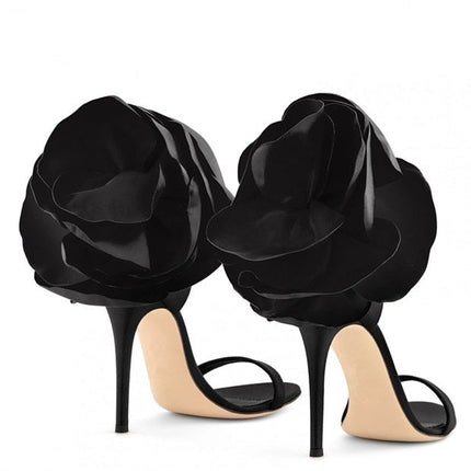 Blooming Satin Elegance - Floral Heel Sandals Black-Heel Sandals-Productseeker-Urbanheer