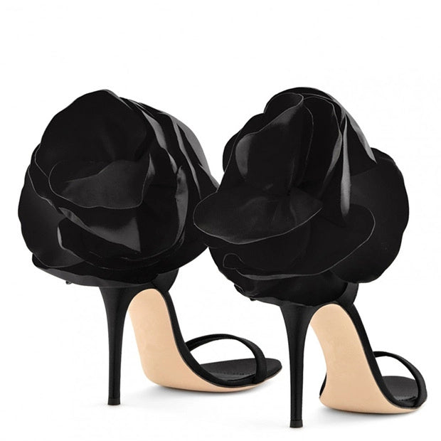 Blooming Satin Elegance - Floral Heel Sandals Black-Heel Sandals-Productseeker-Urbanheer