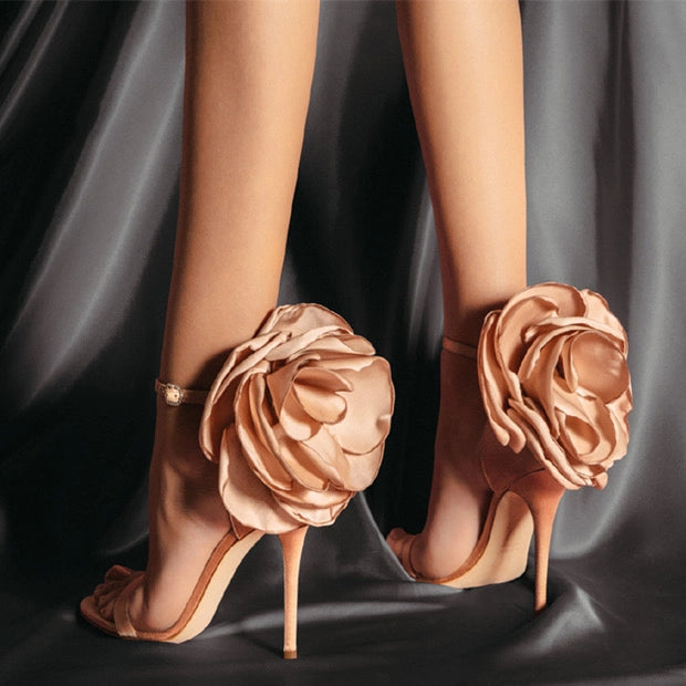Blooming Satin Elegance - Floral Heel Sandals Nude-Heel Sandals-Productseeker-10cm-Urbanheer