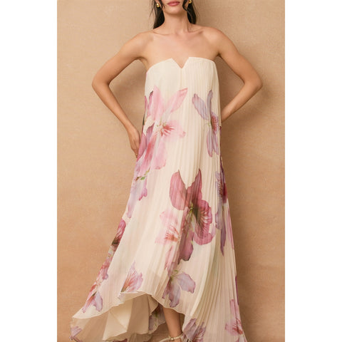 Floral Strapless Pleated Maxi Column Dress - Laelia Orchid