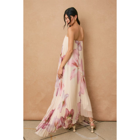 Floral Strapless Pleated Maxi Column Dress - Laelia Orchid