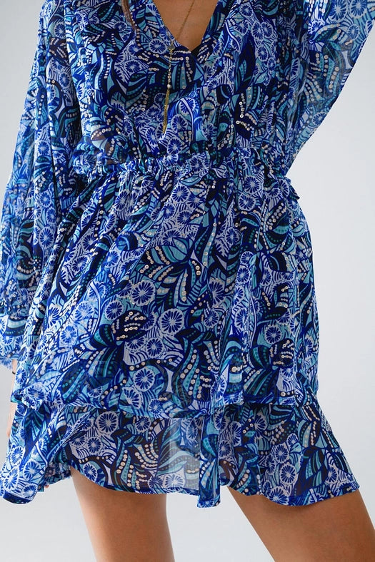 Blue Abstract Print Short Dress with Adjustable Waist from Q2 Urbanheer Blue Abstract Print Short Dress with Adjustable Waist from Q2 Urbanheer