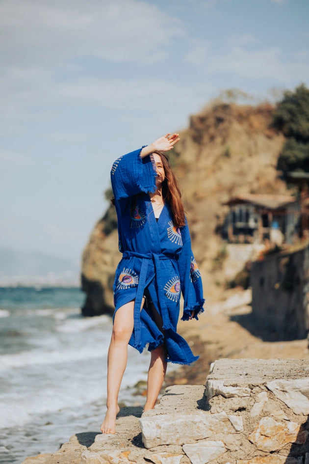 Blue Evil Eye Robe-Kimono-Moa-W: 33.5“inches (85cm) L: 47.2“inches (120cm)-Urbanheer