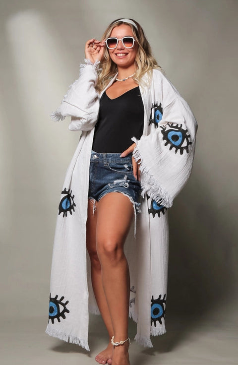 Blue Evil Eye Short Kaftan Kimono-Kimono-Moa-Long Kimono-Urbanheer
