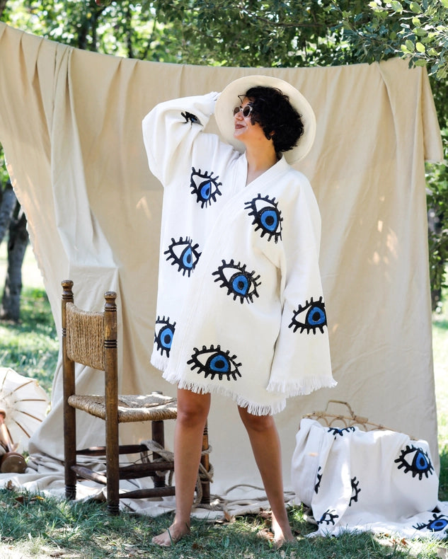 Blue Evil Eye Short Kaftan Kimono-Kimono-Moa-Short Kimono-Urbanheer
