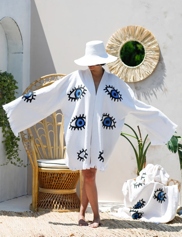 Blue Evil Eye Short Kaftan Kimono-Kimono-Moa-Short Kimono-Urbanheer