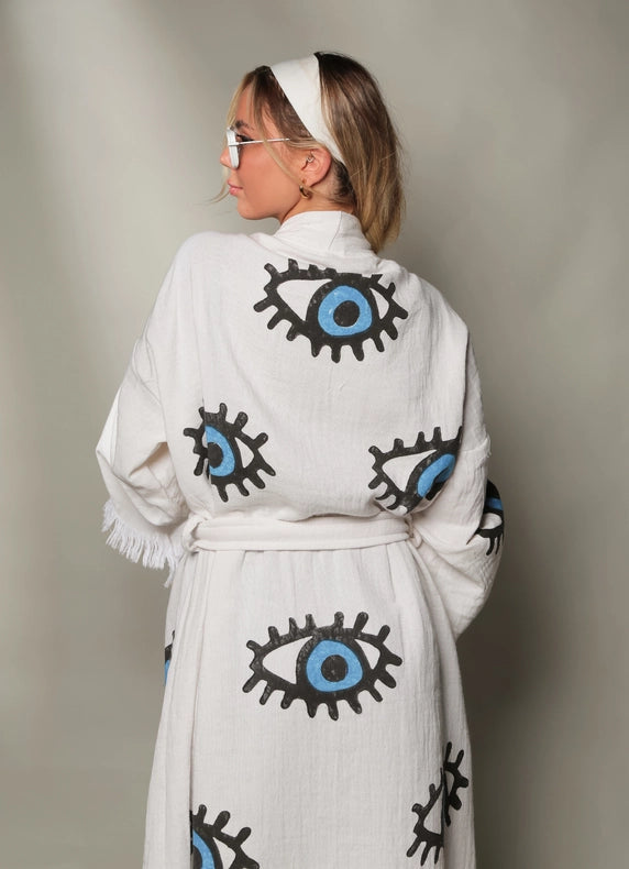 Blue Evil Eye Short Kaftan Kimono-Kimono-Moa-Short Kimono-Urbanheer