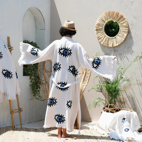 Blue Evil Eye Short Kaftan Kimono-Kimono-Moa-Short Kimono-Urbanheer