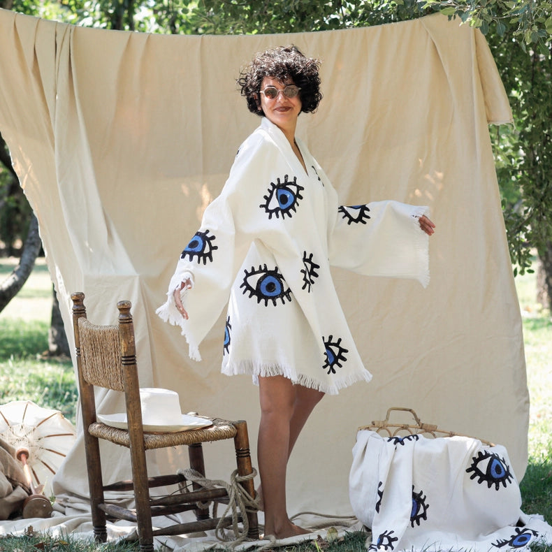 Blue Evil Eye Short Kaftan Kimono-Kimono-Moa-Short Kimono-Urbanheer