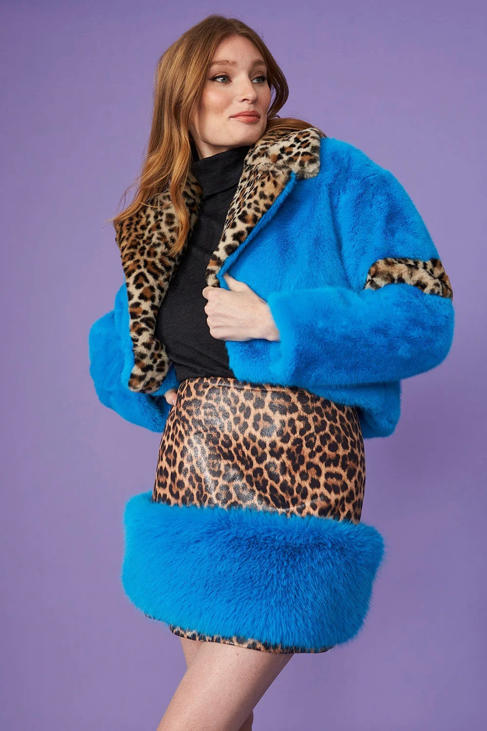 Blue Faux Fur Cropped Jacket With Leopard Print Collar-Faux Fur Jackets-Buy Me Fur Ltd-S-M-Blue-Faux Fur-Urbanheer