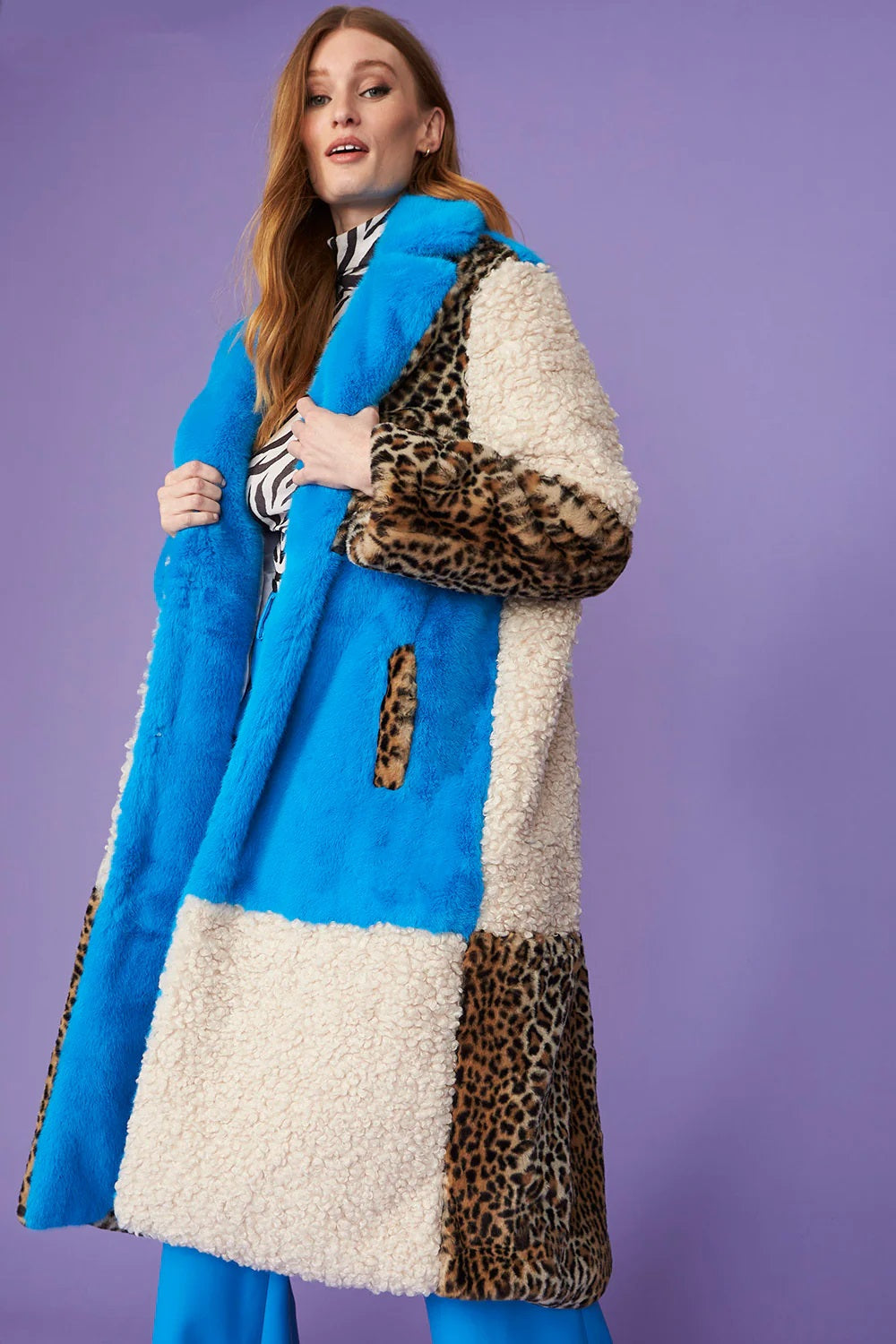 Blue Faux Fur and Faux Shearling Maxi Coat-Faux Fur Coats-Buy Me Fur Ltd-S-M-Blue-Faux Fur-Urbanheer