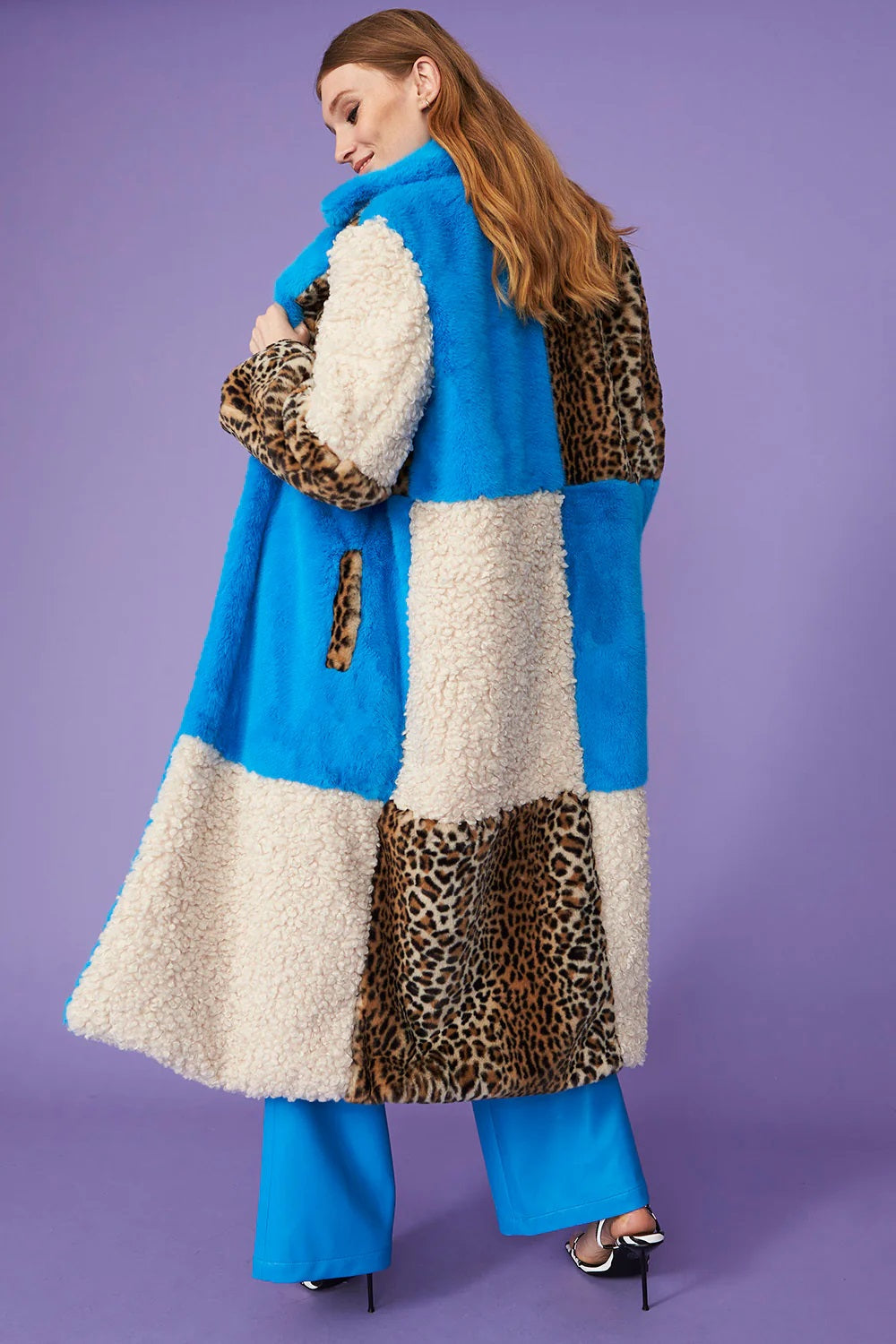 Blue Faux Fur and Faux Shearling Maxi Coat-Faux Fur Coats-Buy Me Fur Ltd-S-M-Blue-Faux Fur-Urbanheer