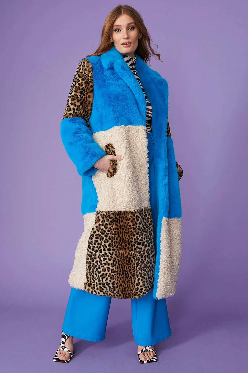 Blue Faux Fur and Faux Shearling Maxi Coat-Faux Fur Coats-Buy Me Fur Ltd-S-M-Blue-Faux Fur-Urbanheer