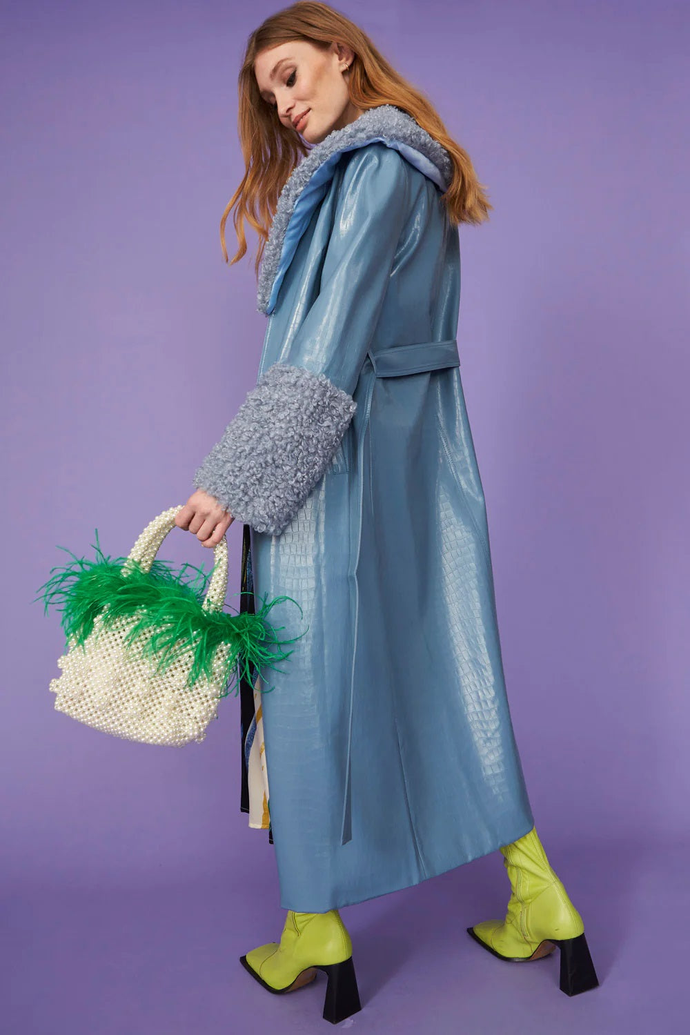 Blue Faux Leather Trench Coat with Detachable Faux Mongolian Collar and Cuffs-Faux Leather Coats-Buy Me Fur Ltd-One Size-Blue-Faux Leather-Urbanheer