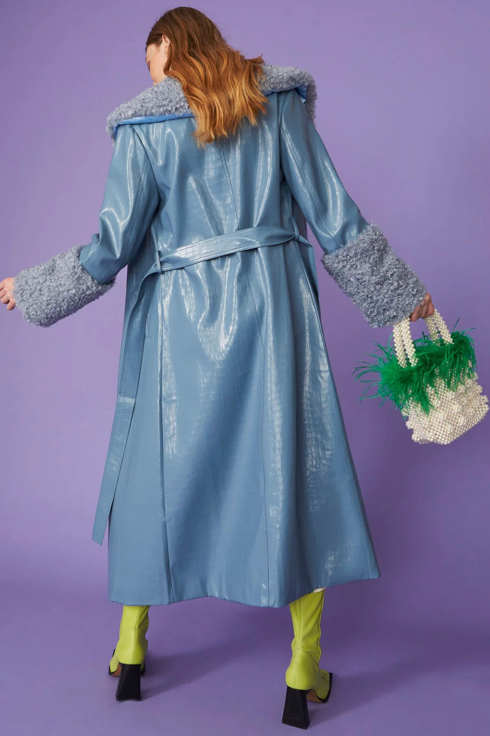 Blue Faux Leather Trench Coat with Detachable Faux Mongolian Collar and Cuffs-Faux Leather Coats-Buy Me Fur Ltd-One Size-Blue-Faux Leather-Urbanheer