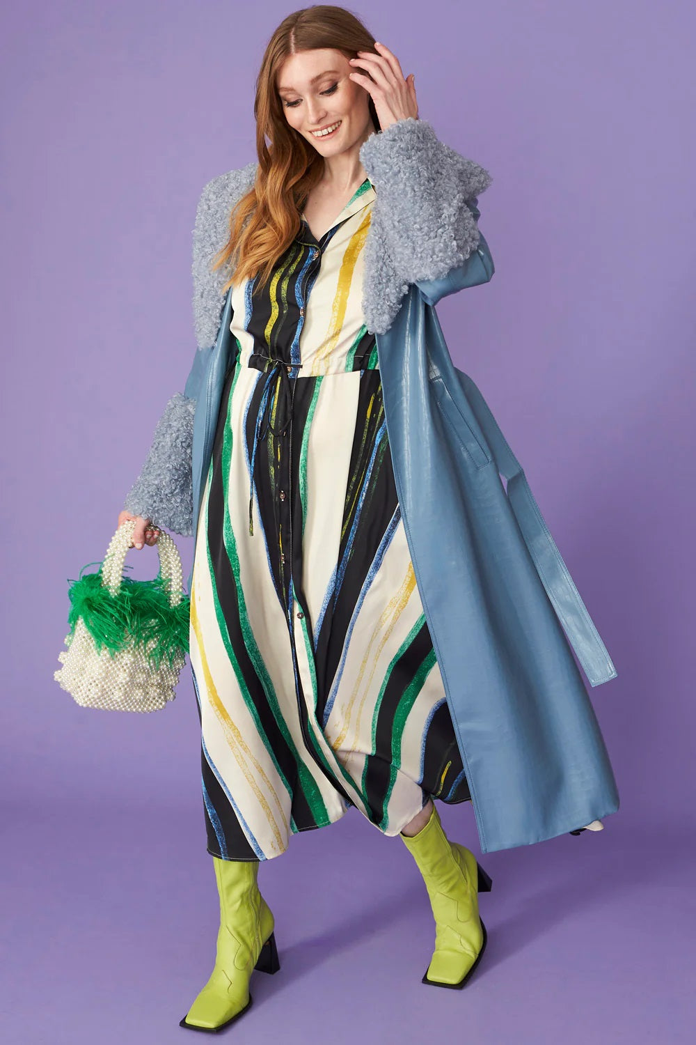 Blue Faux Leather Trench Coat with Detachable Faux Mongolian Collar and Cuffs-Faux Leather Coats-Buy Me Fur Ltd-One Size-Blue-Faux Leather-Urbanheer