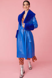 Blue Faux Leather Trench Coat with Faux Fur Collar and Cuffs-Faux Leather Coats-Buy Me Fur Ltd-S-M-Blue-Faux Leather-Urbanheer