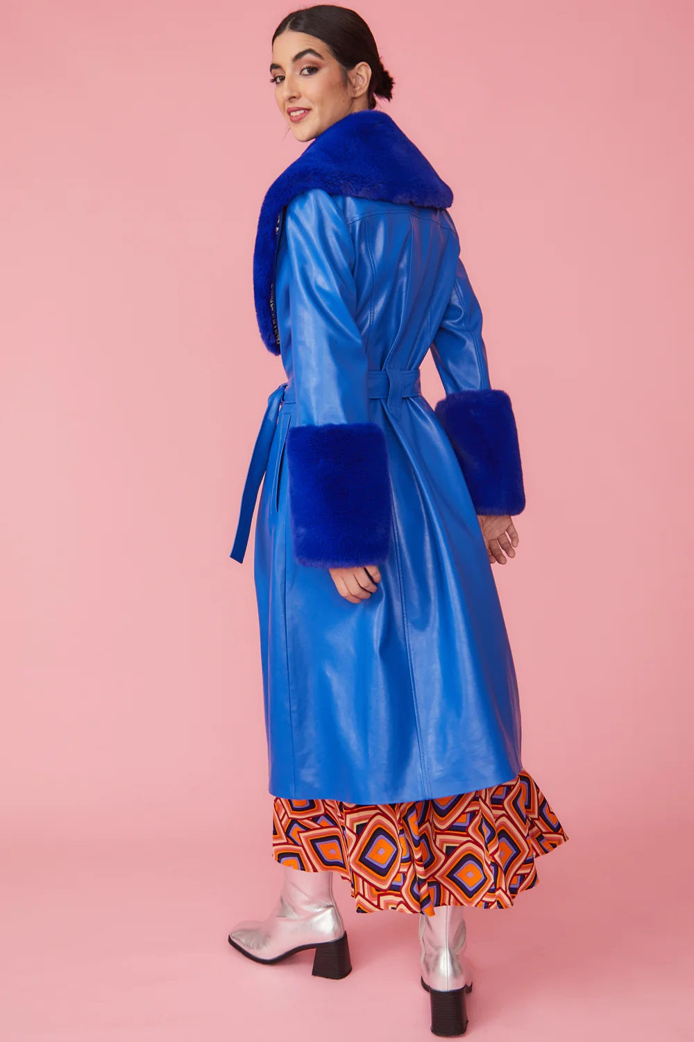 Blue Faux Leather Trench Coat with Faux Fur Collar and Cuffs-Faux Leather Coats-Buy Me Fur Ltd-S-M-Blue-Faux Leather-Urbanheer