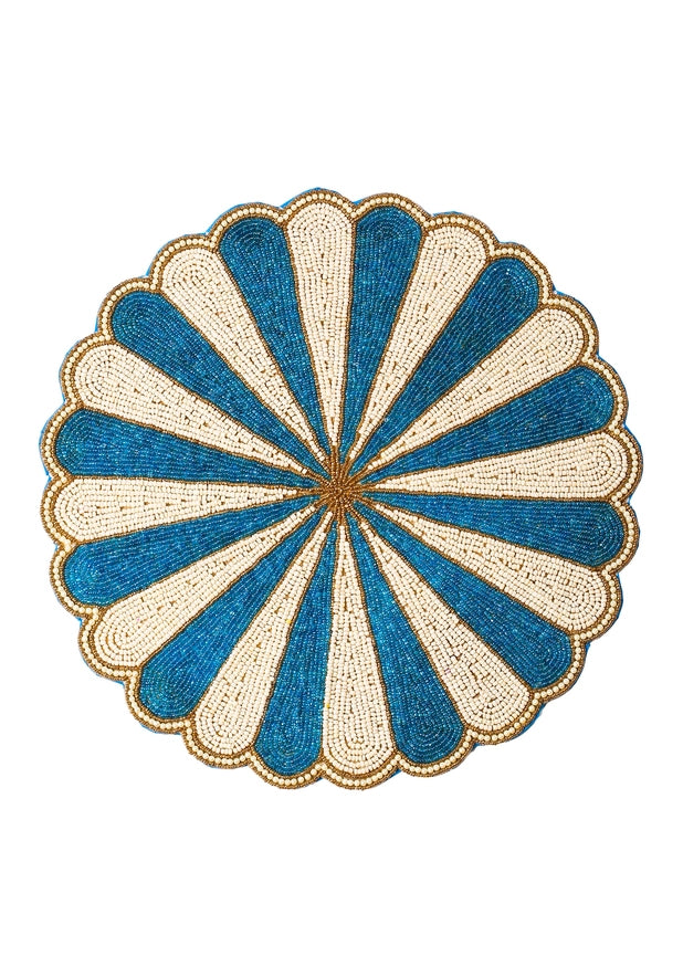 Blue Floral Beaded Placemat-Placemat-Tiramisu-15 x 15 x 0.2 in (38.1 x 38.1 x 0.5 cm)-Urbanheer