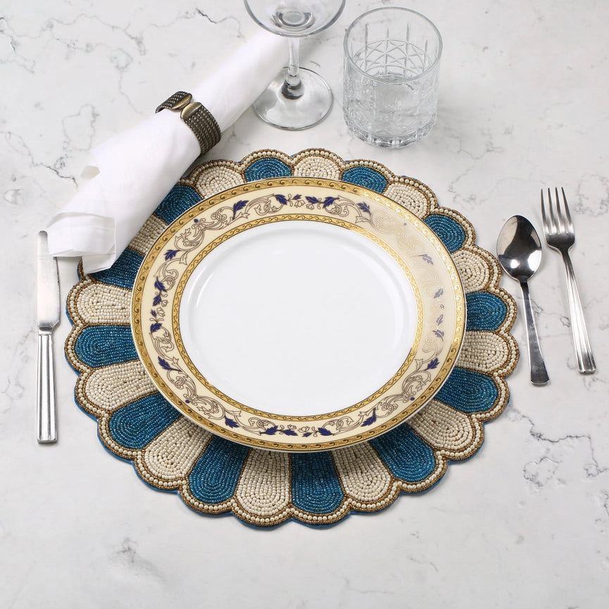 Blue Floral Beaded Placemat-Placemat-Tiramisu-15 x 15 x 0.2 in (38.1 x 38.1 x 0.5 cm)-Urbanheer